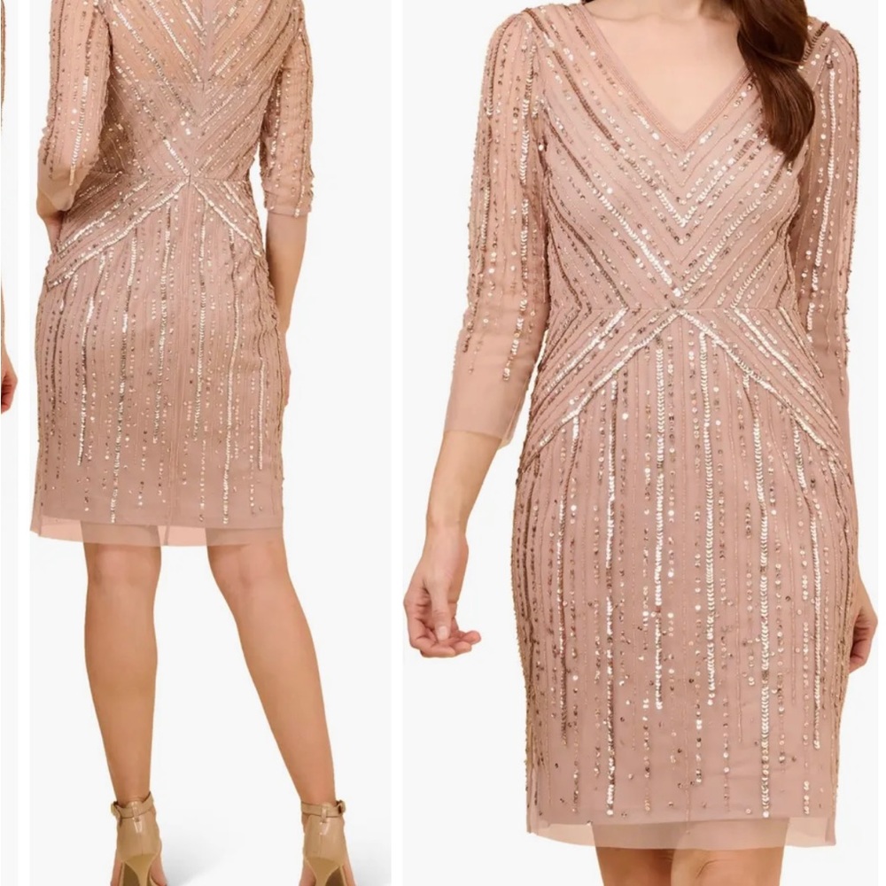 Sequin Stripe Beaded Mesh Cocktail Dress